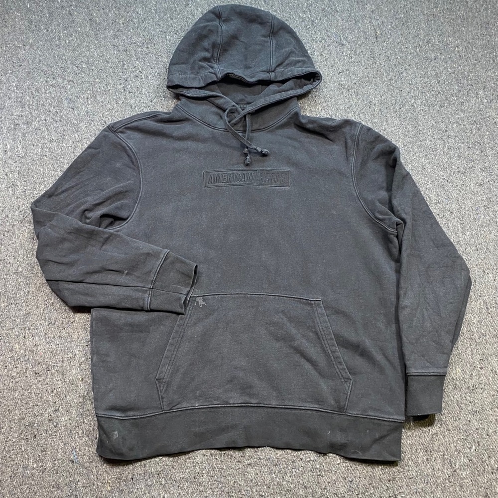 American Eagle Hoodie Sz L Mens Black Grunge Skater Embossed Box Logo Sweatshirt